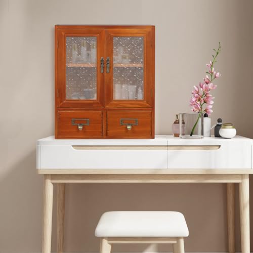 Vintage Tabletop Organizer with Drawers &Glass Door -Display Cabinet for Desk - Wooden Desktop Storage Box Organizing Makeup Jewelry Sewing Craft Skincare Toys Cups Toiletries-Brown