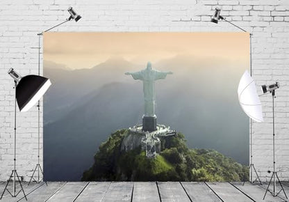 8x6ft Christ The Redeemer Backdrop Famous Place in Rio de Janeiro Brazil Historical Architecture Photography Background Holiday Vacation Travel Party Decorations Photo Studio Props - size: 8x6ft