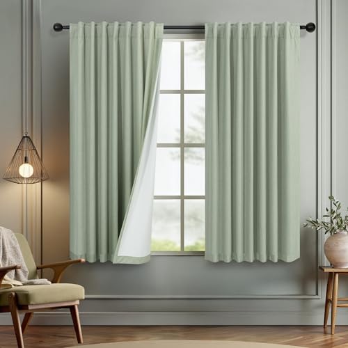 Green Country Kitchen Curtains 45 Inch Length Short Small Basement Window Blackout Cooling Curtains for Summer Heat Linen Cafe Bathroom Classroom Dorm RV Camper Sage Green Drapes with White Backing - color: Sage Green, size: 52"W x 45"L (Pack of 2)