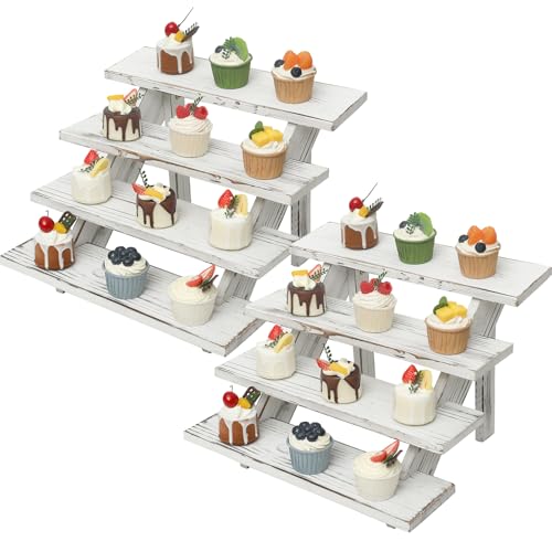 Swallowliving 2pcs Wooden Rustic Cupcake Stand for 24 Cupcakes, Stepped Wood Display Stand for Weddings, Tiered Party Table Display Riser for Food, Dessert, Cookie, Decor, Craft Show, White - color: 2pcs | White | 4-tier