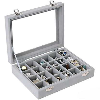 Velvet Jewelry Box 24 Grid Jewelry Earrings Display Organiser Box Ring Tray Holder Earrings Storage Case for Girls Women Wife Mom (Gray) - color: Gray
