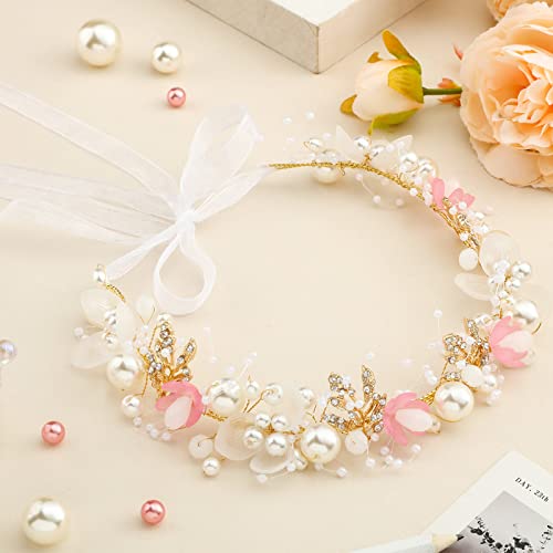Retrowavy 2 Pcs Flower Girl Headpiece, Flower Girl Hair Accessories Rhinestone Crystal Princess Pearl Headband Bridal Hair Headband for Wedding First Communion(Pink) - color: Pink