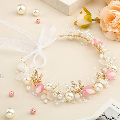 Retrowavy 2 Pcs Flower Girl Headpiece, Flower Girl Hair Accessories Rhinestone Crystal Princess Pearl Headband Bridal Hair Headband for Wedding First Communion(Pink) - color: Pink