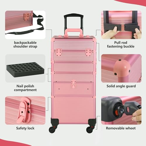 Somduy Rolling Makeup Case with Drawer, Makeup Train Case, 4 in 1Cosmetology Case on Wheels, Christmas Gift, Large Makeup Case Organizers, Profesional Cosmetic Case for Salon Barber, Light pink - color: Light pink