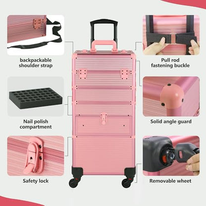 Somduy Rolling Makeup Case with Drawer, Makeup Train Case, 4 in 1Cosmetology Case on Wheels, Christmas Gift, Large Makeup Case Organizers, Profesional Cosmetic Case for Salon Barber, Light pink - color: Light pink