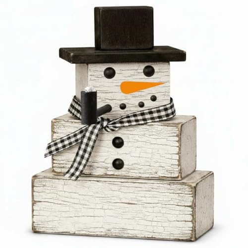 Geelin 4 Pcs Snowman Decor Winter Table Decorations Christmas Tiered Tray Decor Winter Centerpiece Decorations Indoor Rustic Wooden Snowman Block Sign Gift for Home Table Kitchen Shelf - style: Snowman