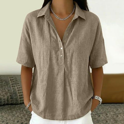 Cotton Linen Shirts for Women 2026 Summer Gauze Shirts Button Down V Neck Half Sleeve Blouses Dressy Casual Clothes - color: Coffee, size: Medium