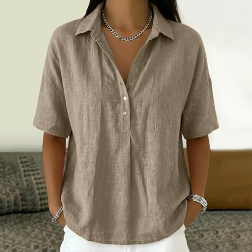 Cotton Linen Shirts for Women 2026 Summer Gauze Shirts Button Down V Neck Half Sleeve Blouses Dressy Casual Clothes - color: Coffee, size: Medium