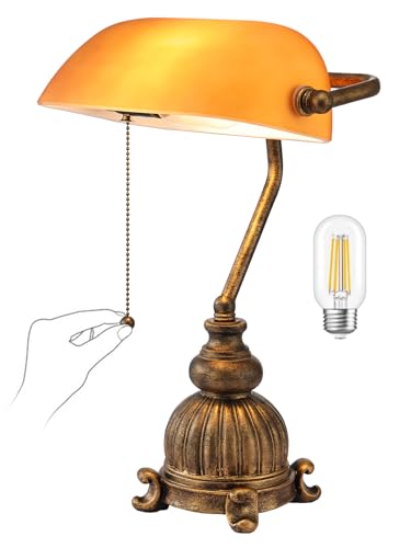 Retro Amber Glass Bankers Desk Lamp with Pull Chain Switch for Home Office, Library, Plug in Fixture, LED Bulb Included - color: Antique+Amber1