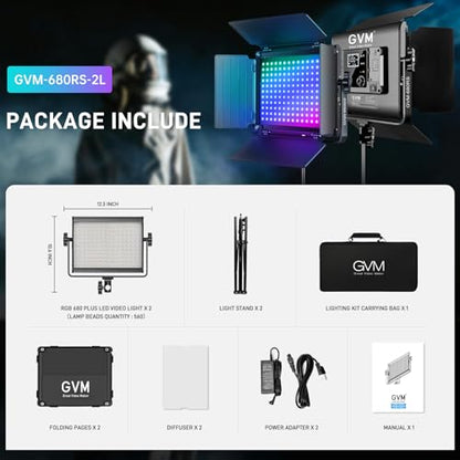 GVM RGB LED Video Light with Lighting Kits, 680RS 50W Led Panel Light with Bluetooth Control, 2 Packs Photography Lighting for YouTube Studio, Video Shooting, Gaming, Streaming, Conference - size: 2 Packs with Lighting Kits