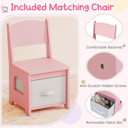 Costzon Kids Vanity with Lights, Girls Vanity Set with Mirror Cabinet, Storage Drawers, Hooks & Shelves, Toddler Makeup Vanity Desk Dressing Table, Wooden Kids Vanity Table and Chair Set (Pink) - style: Pink with Mirror Cabinet