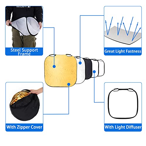 Selens 32 Inch Photography Reflector with Handle, 5 in 1 Collapsible Square Reflectors for Photo Studio Video Outdoor Accessories - size: 32 Inch Square Reflector