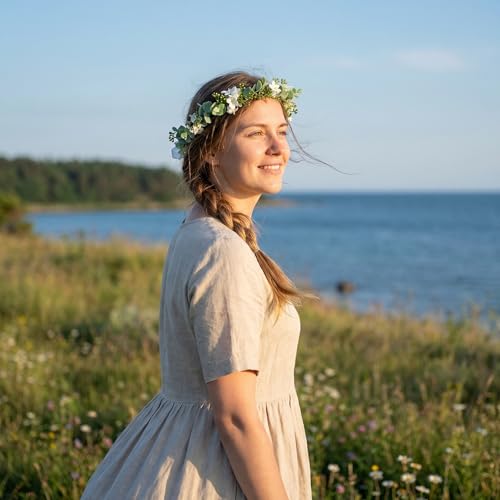 UPSTORE Bohemian Bridal Flower Crown Eucalyptus Leaf Headband with Ribbon Boho Floral Headpices Hair Accessories for Women Girls Wedding Festival Birthday Photo Prop