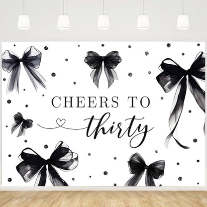 MEHOFOND 7x5ft Coquette 30th Birthday Backdrop for Women Cheers to Thirty Photography Background Black Bow Theme Birthday Party Banner 30 Years Celebration Party Photo Props - color: Black, size: 7x5ft