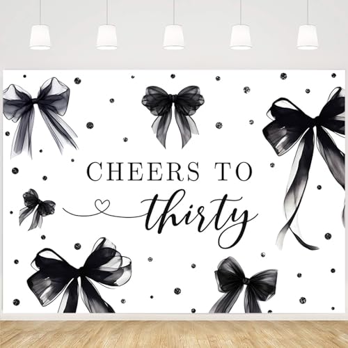 MEHOFOND 7x5ft Coquette 30th Birthday Backdrop for Women Cheers to Thirty Photography Background Black Bow Theme Birthday Party Banner 30 Years Celebration Party Photo Props - color: Black, size: 7x5ft