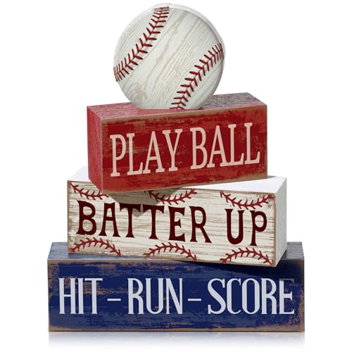 Yuntau 4 Pcs Baseball Decorations Sports Wooden Sign Baseball Centerpieces for Tables Tiered Tray Decor Decorative Mini Faux Book Stack Block for Bedroom Boys Room Mantel Shelf Senior Night Gifts - style: Baseball