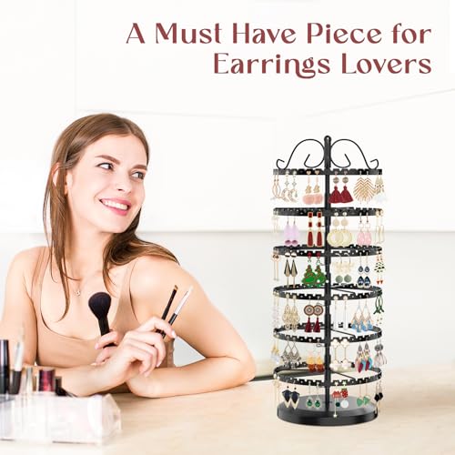 MODOWEY 6 Tier Rotating Earring Holder Organizer Stand, Adjustable Metal Display Tree Rack for Women, 480 Hole and Groove Large Storage for Pierced Stud Dangle Hoop, Compact for Small Dresser, Black - color: Black, size: 6-Tier