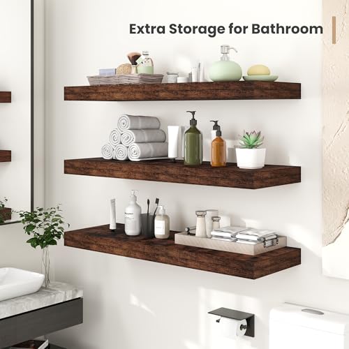 Heimlove 12 Inch Deep Floating Shelves, 16 x 12 inches Long Wall Shelf, Large Extra Display Shelf & Storage Shelf, Rustic Wood Wall Shelves for Fireplace Mantel, Brown - 2Pack - color: Rustic Brown, size: 16"W x 12"D x 2"H, Set of 2