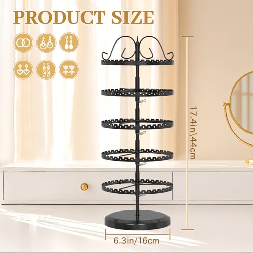 MODOWEY 5 Tier Rotating Earring Holder Organizer Stand, Adjustable Metal Display Tree Rack for Women, 400 Hole and Groove Large Storage for Pierced Stud Dangle Hoop, Compact for Small Dresser, Black - color: Black, size: 5-Tier