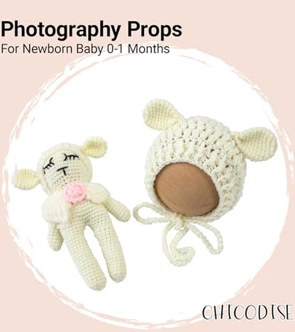 Newborn Photography Props Outfits Boy Girl Lamb Cap & Sheep Photoshoot Prop Crochet Knit Hat Baby Photo Props Outfit