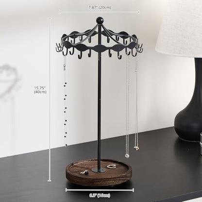 Lolalet Rotating Necklace Holder Stand with Metal Hooks, Spinning Display Carousels, Freestanding Organizer Hanger, for Long Necklaces Chains -Black - color: Black