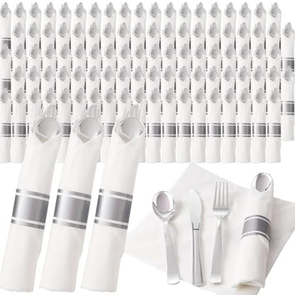 200Guests Pre Rolled Silver Plastic Silverware Sets - Heavy Duty Silver Cutlery - Include 200 Pack Wrapped Disposable Utensils with Napkins for Parties & Dinners & Weddings - color: 200Pack - Silver