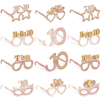 Guiruiy 24PCS 10th Birthday Paper Eyeglasses Decorations for Girls, Pink Rose Gold Happy 10th Birthday Eyeglasses Party Supplies, Funny Ten Year Old Birthday Glasses Photo Props Decor - style: Rose Gold 10th
