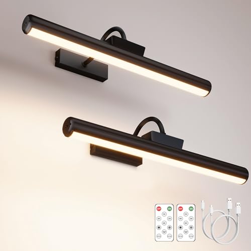 16in Wireless Picture Light with Remote, Battery Operated Picture Lights for Wall 5000mAh, 3 Color Modes and Dimmable LED Art Lighting with Timer for Painting, Frame, Gallery, Bedroom (Black-2Pack) - color: Black, size: 2Pack-16in