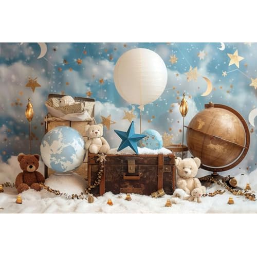 YongFoto Travel Adventure Theme Backdrop 5x3ft Cute Clouds Sky Stars Bear Globe Photography Background Adventure Awaits Baby Shower Girl Boy 1st 2nd Birthday Party Banner Kids Portraits Photoshoot - color: Style 5, size: 5ftx3ft