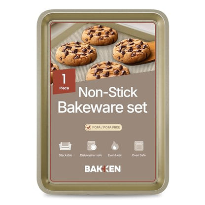 BAKKEN Kitchen Baking Pans - Nonstick White Coating, 13.58’’ × 9.65’’ Commercial Grade Carbon Steel Cookie Sheet, Diamond Texture Bottom, PFOA, PFOS, PTFE Free, Oven Safe Tray (450°F), White Marble - color: Gold, size: Pack of 1