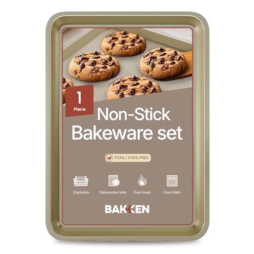 BAKKEN Kitchen Baking Pans - Nonstick White Coating, 13.58’’ × 9.65’’ Commercial Grade Carbon Steel Cookie Sheet, Diamond Texture Bottom, PFOA, PFOS, PTFE Free, Oven Safe Tray (450°F), White Marble - color: Gold, size: Pack of 1