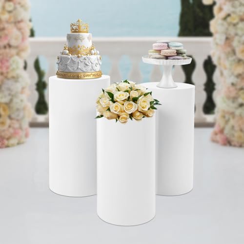 3 Pcs Cylinder Stands, Large White Cake Pedestal Tables(50cm, 55cm, 60cm), Round Reusable Dessert Display Plinth Pillars for Party Weddings or Banquets - size: 23.6''(l),21.6''(m),19.7''(s)