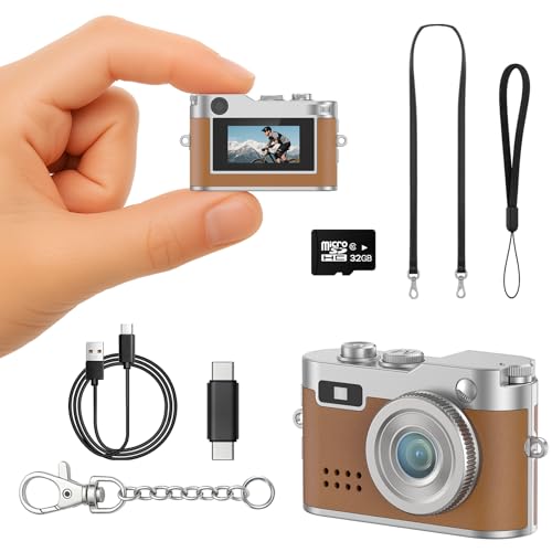 Mini Retro Camera with 1080P Video, 12MP Photos, Keychain Digital Camera, Ultra-Compact Tiny Camera with 32GB SD Card, OTG Adapter, Vintage Little Cameras for Travel, Daily Vlogging, Ideal Gift, Brown - color: Brown-DC26