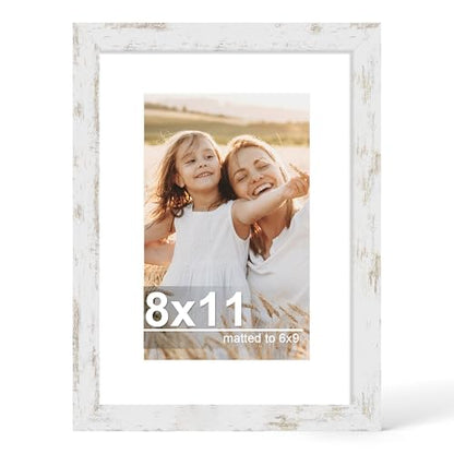 Hongkee 8x11 Picture Frame with Glass, Display Pictures 6x9 with Mat or 8 x 11 without Mat - Wall and Tabletop, 8 by 11 Photo Wooden Frames (Distressed White, 1 Pack) - color: Distressed White, size: 8X11 in