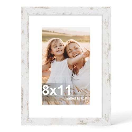 Hongkee 8x11 Picture Frame with Glass, Display Pictures 6x9 with Mat or 8 x 11 without Mat - Wall and Tabletop, 8 by 11 Photo Wooden Frames (Distressed White, 1 Pack) - color: Distressed White, size: 8X11 in