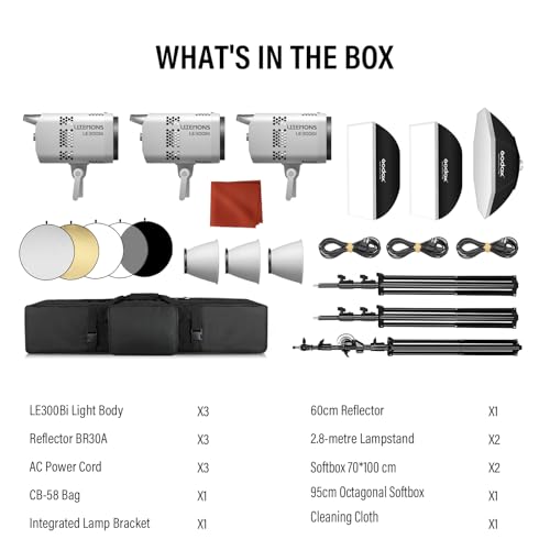 GODOX 3Pack LE300Bi Light Kit, Godox Litemons LE300Bi Video Light with Softbox Light Stand, Bowens Mount, DMX/Bluetooth APP Control, NFC Connection, 2800K~6500K, 58900Lux@1m, CRI/TLCI98, 11 Fx Effects