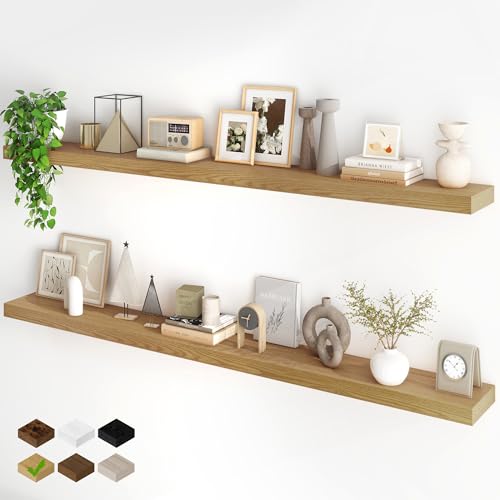 Fun Memories 72Inch Floating Shelves,Wall Mounted Rustic Wood Floating Shelf with Invisible Brackets for Storage & Decor,2 Pack Shelves for Bathroom,Bedroom and Kitchen,Oak - color: Oak, size: 72"W x 6.5"D