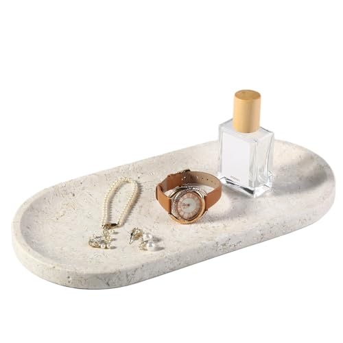 Koville Marble Tray for Bathroom Countertop, 12"x6" Beige Marble Vanity Storage Trays for Perfume, Cosmetics, Jewelry, Stone Tray for Kitchen, Decorative Trays for Dresser Organizer - color: Beige, size: 12" x 6" x 0.7"