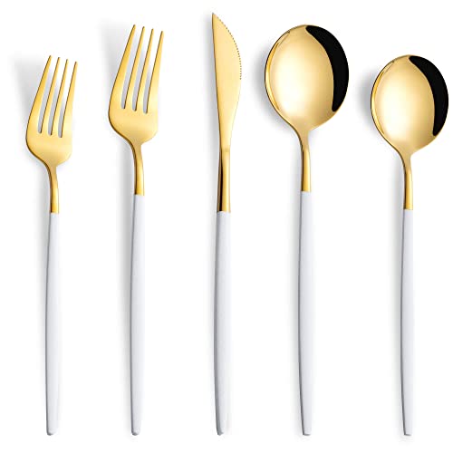20 Piece White Gold Silverware Set,Stainless Steel Flatware Cutlery Set Service for 4 Including Forks Spoons Knives,Utensil Set,Tableware for Home and Restaurant, Dishwasher Safe - color: White Gold, size: 20-Piece