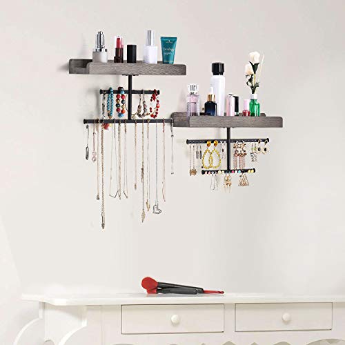 Keebofly Hanging Wall Mounted Jewelry Organizer with Rustic Wood Jewelry Holder Display for Necklaces Bracelet Earrings Ring Set of 2 Weathered Grey,[Patented] - color: Weathered Grey