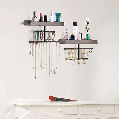 Keebofly Hanging Wall Mounted Jewelry Organizer with Rustic Wood Jewelry Holder Display for Necklaces Bracelet Earrings Ring Set of 2 Weathered Grey,[Patented] - color: Weathered Grey