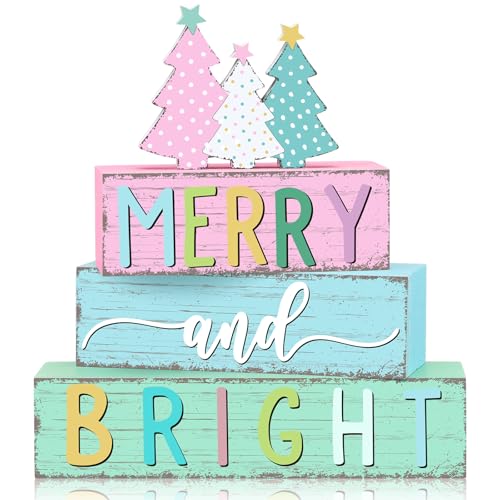 Geelin 4 Pcs Christmas Tree Table Sign Pastel Candy Color Wooden Decorations Xmas Tree Tiered Tray Decor Christmas Centerpieces Pastel Wooden Block Set Xmas Table Sign for Home - style: Candy Color Tree