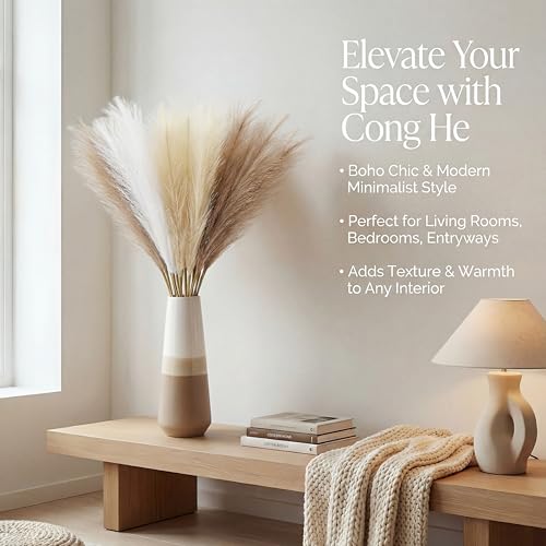 Pampas Grass Decor 21.7 Inch 30pcs, Faux Pampas Grass White Beige Brown Ultra Fluffy No Shedding for Boho Home Bedroom Wedding Vase Filler Dried Flower Arrangement - size: White Beige Brown