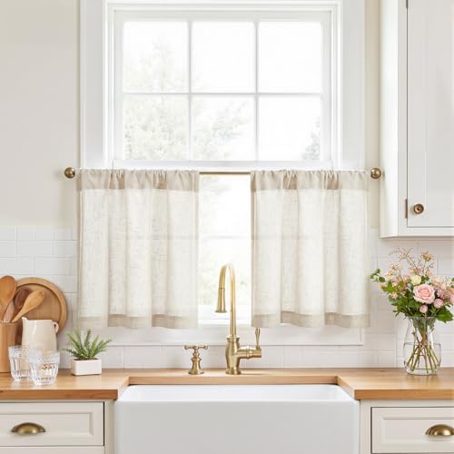 jinchan Kitchen Curtains Linen Tier Curtains 20 Inch Farmhouse Cafe Style Country Rustic Rod Pocket Light Filtering for Laundry Room Bathroom Sink RV Small Window 2 Panels Beige - color: Rod Pocket Crude, size: 26"W x 20"L (Pack of 2)