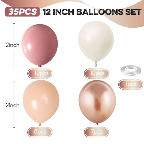 Retro Pink Balloons, 12 Inch Dusty Pink Metallic Gold White Balloons, Blush Beige Neutral Nude Chrome Champagne Gold Latex Balloon for Women Boho Birthday Wedding Baby Bridal Shower Party Mothers Day - color: Retro Pink White Gold