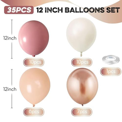 Retro Pink Balloons, 12 Inch Dusty Pink Metallic Gold White Balloons, Blush Beige Neutral Nude Chrome Champagne Gold Latex Balloon for Women Boho Birthday Wedding Baby Bridal Shower Party Mothers Day - color: Retro Pink White Gold