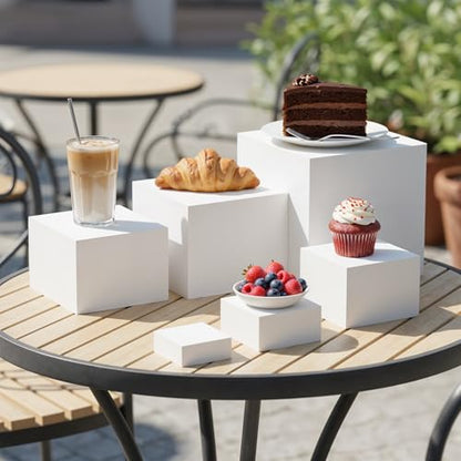 6 Pcs Buffet Risers, Food Risers for Buffet Table, White Acrylic Cube Boxes Display with Hollow Bottoms Display Stand Shelf for Party Cake Dessert Catering Jewelry Collectibles (3"4"5"6"7"8'')