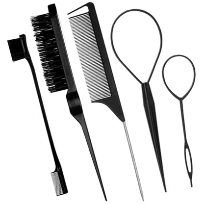 5Pcs Slick Back Brush Set with Topsy Tail Tool, Teasing Bristle, Rat Comb for Women & Girls Hair Styling, Flyaways Control and Edge Combing - BIACK - color: black