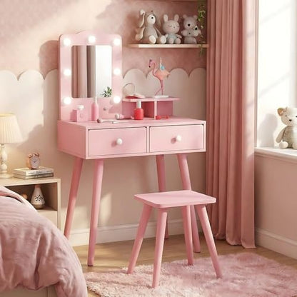 Arlopu Kids Vanity Set and Mirror, Wooden Pretend Play Vanity Table and Chair Set for Girls with Stool, Drawer, Princess Makeup Dress-Up Toy for Toddlers 3+Year Old (Pink) - color: Pink