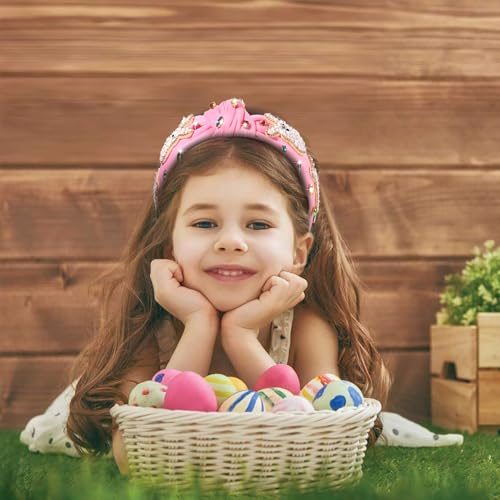 NVENF Easter Headband for Women Beaded Rabbit Bunny Headband White Pink Crystal Pearl Knotted Hairband Happy Easter Hair Accessories Spring Holiday Headwear Outfits Gifts (Bunny A - Pink) - color: Bunny A - Pink